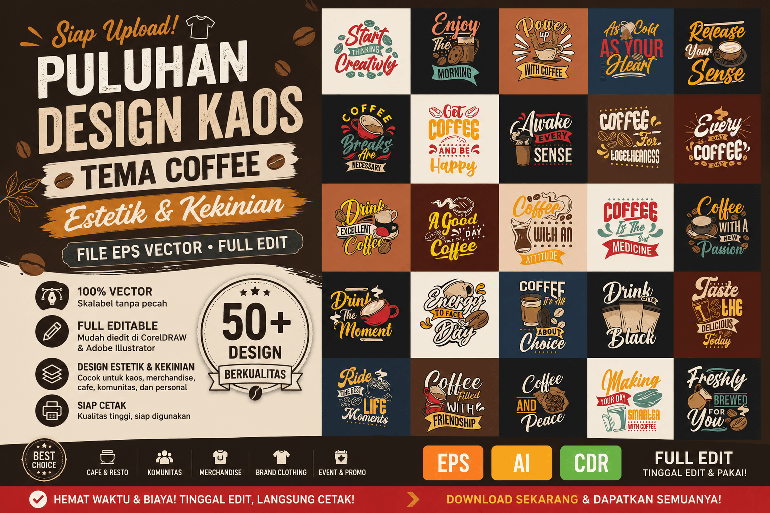 Design kaos tema coffe siap cetak format eps vector