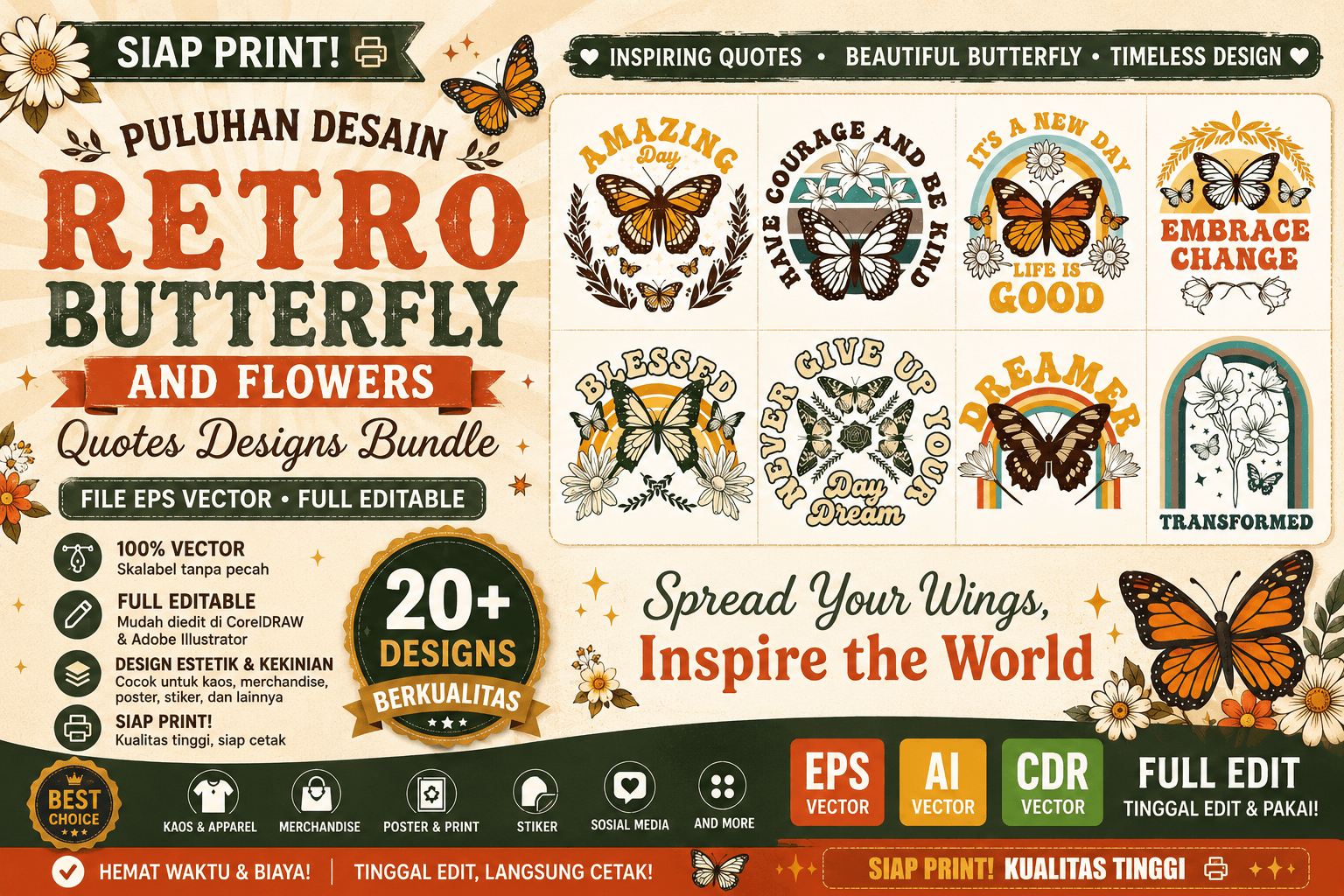 paket design kaos butterfly vintage siap cetak file eps vector