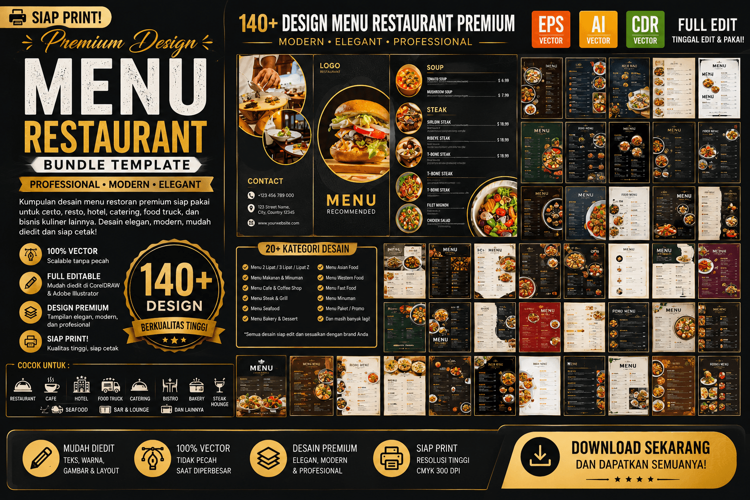 140 + Premium Design Menu Restaurant Bundle Template – File EPS Vector Full Editable