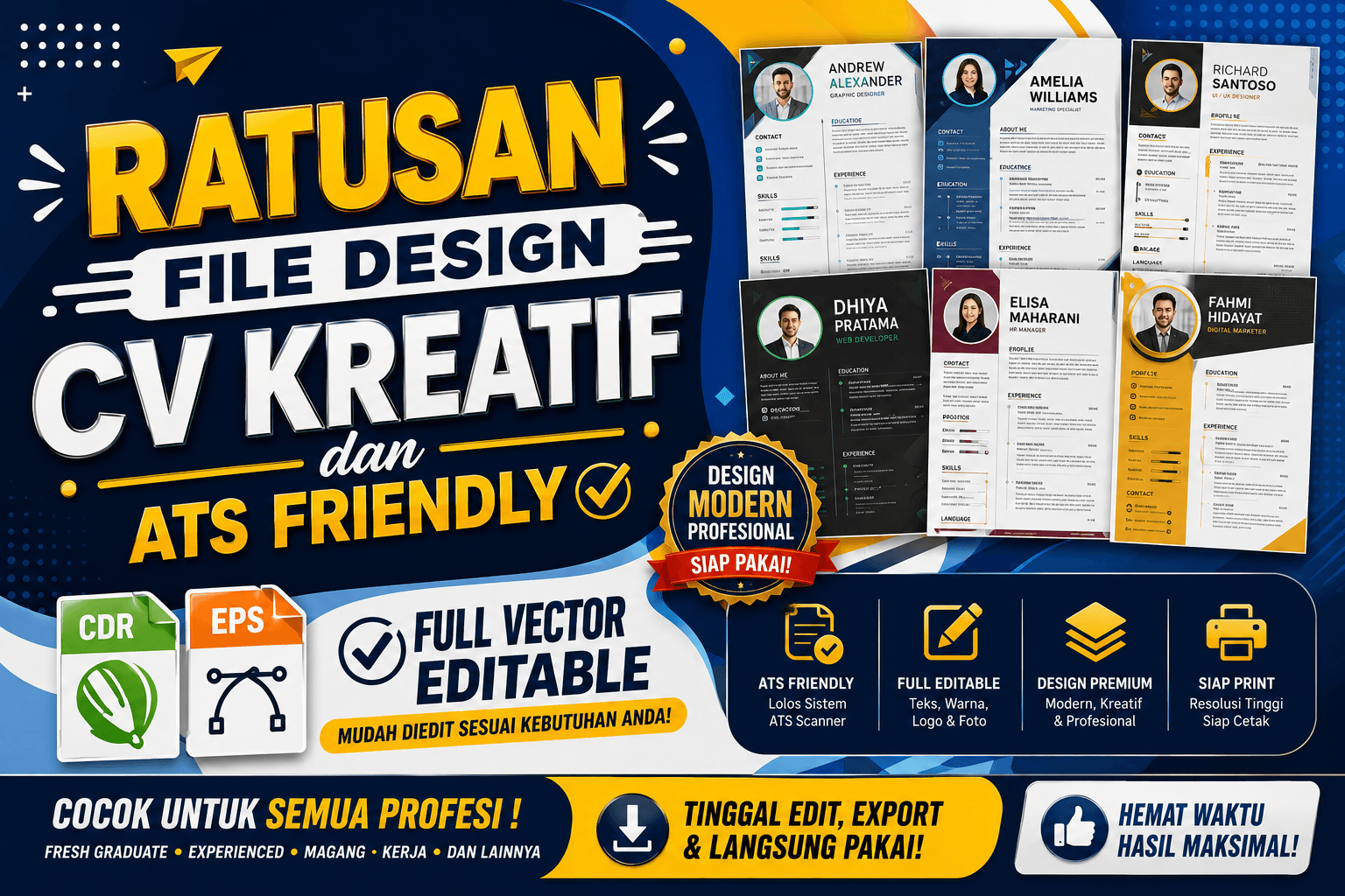 Ratusan File Design CV Kreatif & ATS Friendly – Format CDR & EPS Full Vector Editable