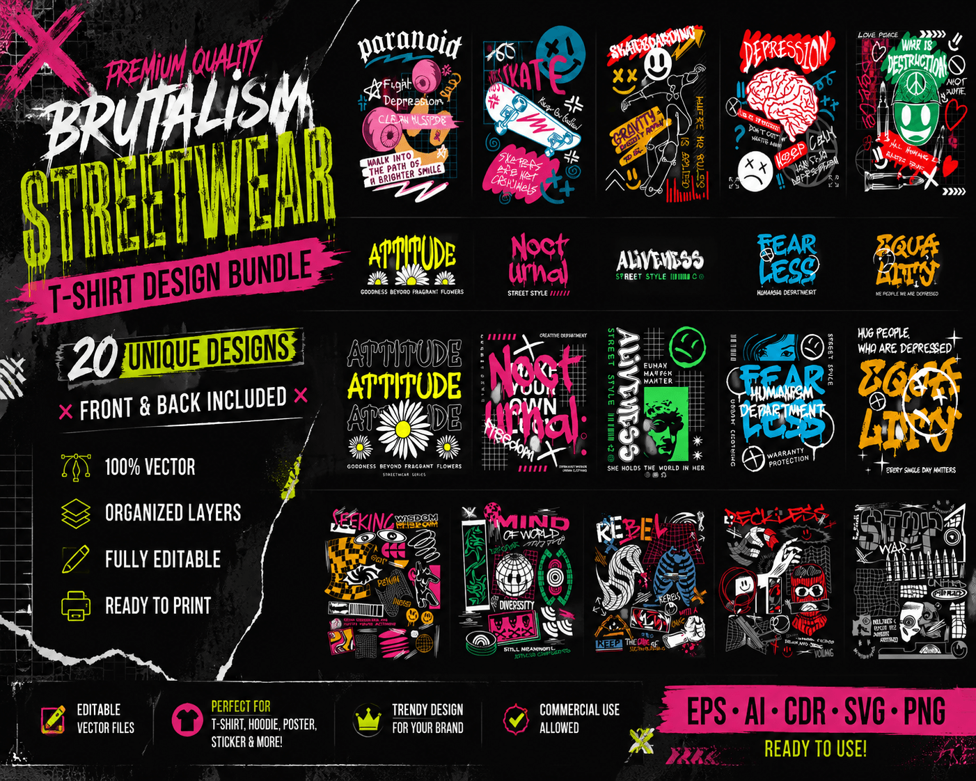 design kaos streetwear brutalism bundle eps vector